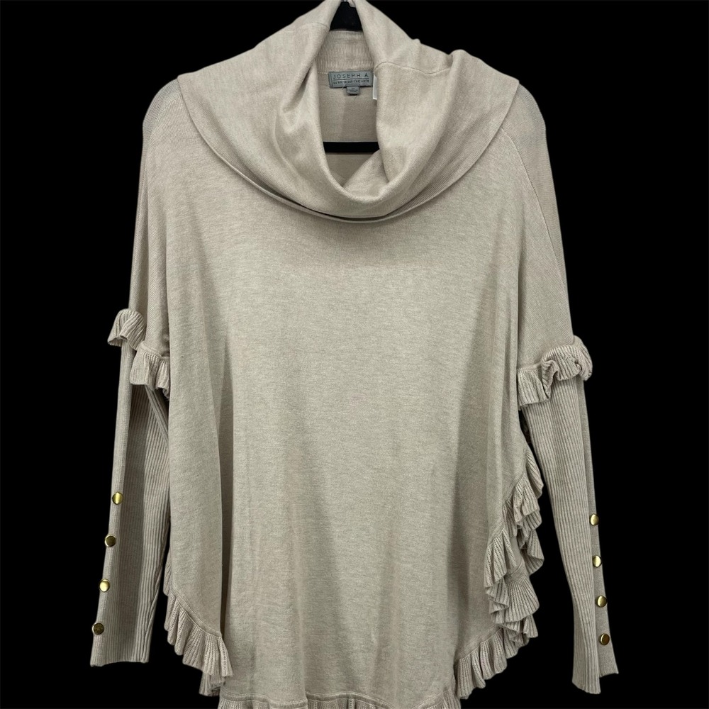 Joseph A Size Medium Sweater Beige Cowl Neck Ruffle Ribbed Buttons‎ Poncho Style